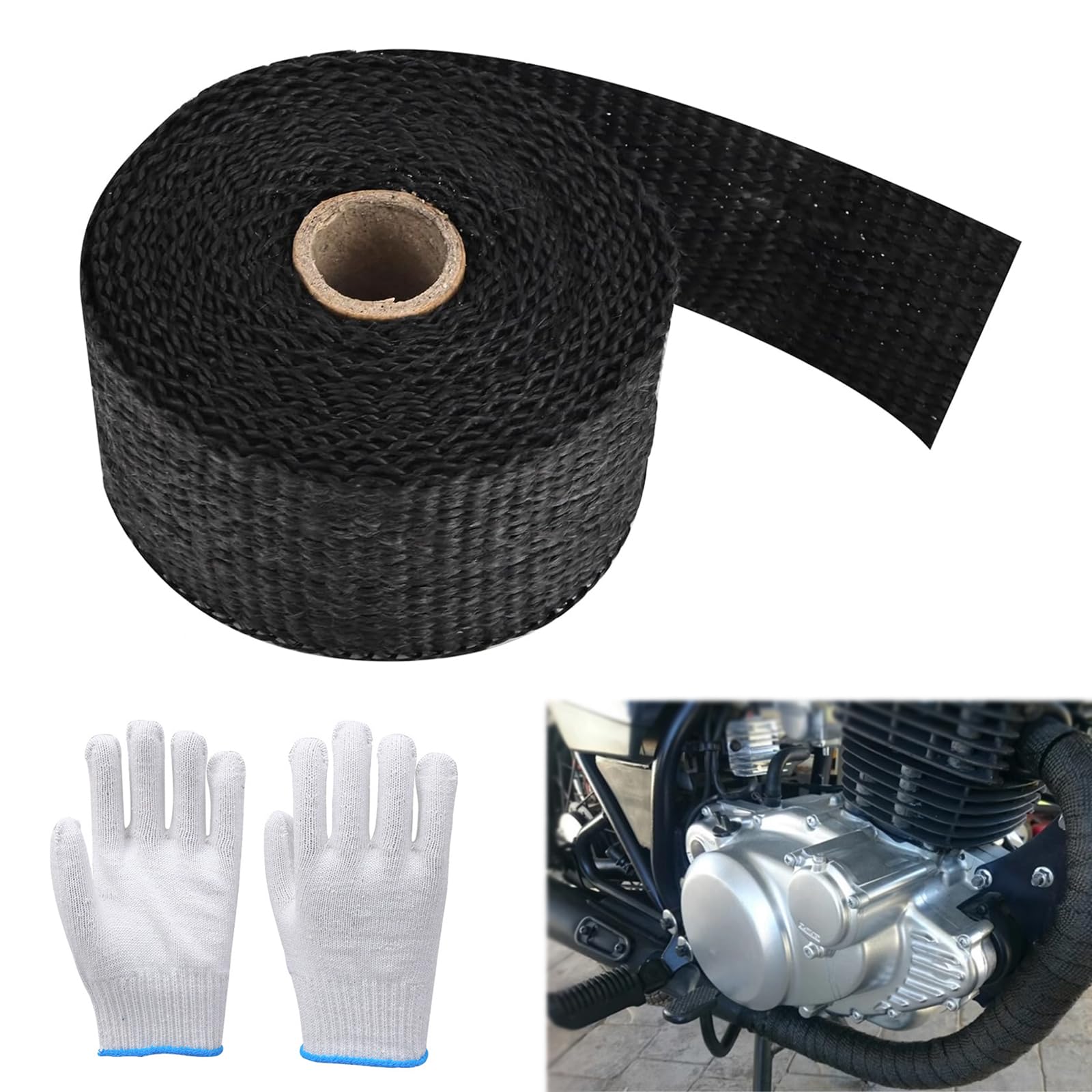 Auspuff Dichtband, Hitzeschutzband Auspuff, Hitzeschutzband Auspuffbandage, Motorrad Hitzeschutzband, mit Handschuhe, für Motorrad Fächerkrümmer Krümmerband Thermoband, Mehrweg, 5M-Schwarz von Miayical