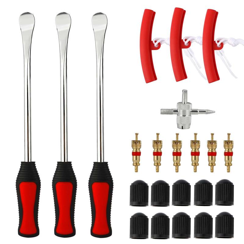 Reifenheber Reifen Montiereisen 23 Anzüge, 3pcs Reifenheber Montierhebel Werkzeug 3pcs Rad Felge Protektoren Tool Kit 10 Reifenventilkappen und Kappen Werkzeugsatz für Motorrad Fahrrad von Miiepls