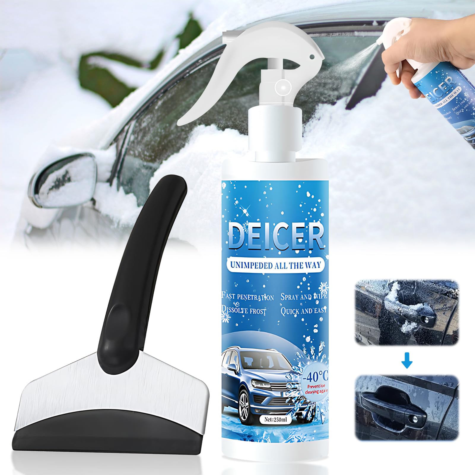 Miioto Enteiserspray Auto Scheibe, Scheibenenteiser Spray, Entfroster Spray Auto, Equipped with Special Scraper, Entfernen sie Schnell EIS und Schnee von Autoscheiben und Windschutzscheiben - 250ml von Miioto