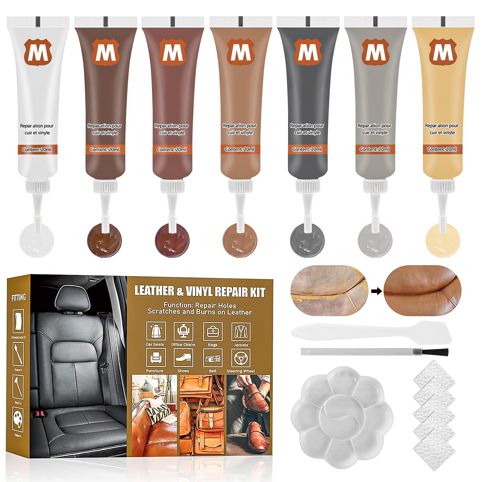 Miioto Lederreparatur Set, Lederkleber Reparatur Echtleder, Kunstleder Reparieren, Lederreparatur für Kratzer, Löcher, Verblassen auf Sofas, Autositzen, Jacken, Gürteln und Mehr - 7 Farben von Miioto