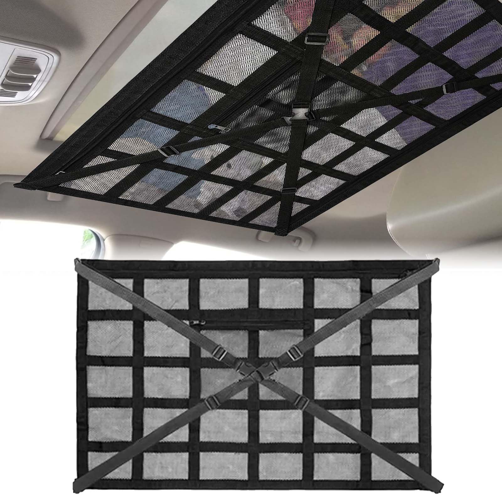 Gepäcknetz Auto, 78 × 53cm Universal Autodach Gepäcknetz Decke, mit Verstellbare Kreuzgurte, Unabhängige Reißverschlusstaschen, Doppellagiges Polyester Autodach-Gepäcknetz, Max 8kg, für SUV Van von Mikihat