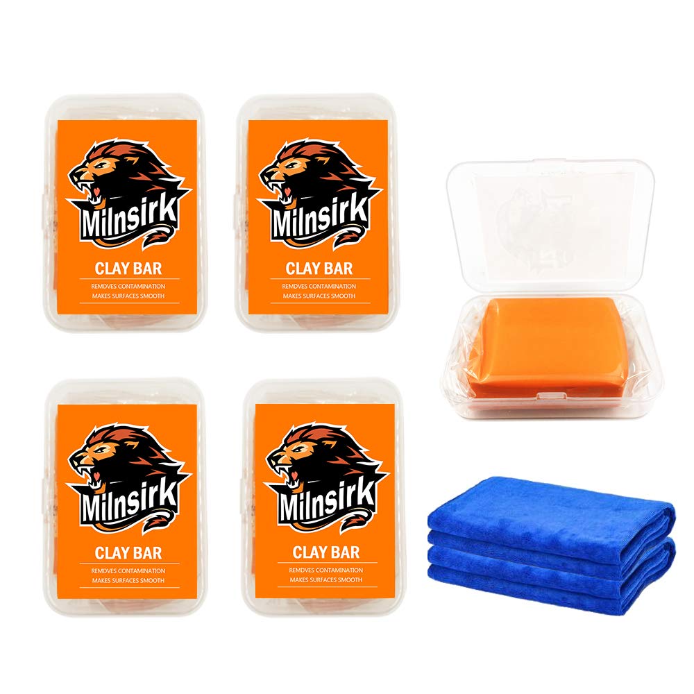 Milnsirk Reinigungsknete Auto Car Clay Bar 4 Packung 400g Reinigungsmasse Lackreinigungsknete zur Reinigung von Autolack, polnisches Fensterglas, mit Mikrofaser-Handtuch von Milnsirk