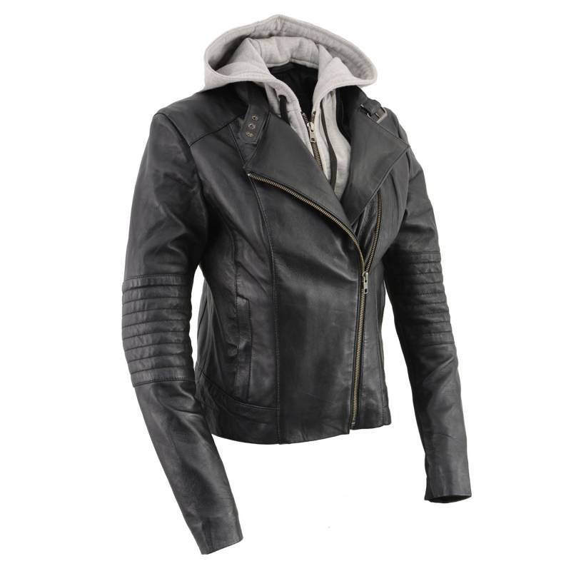 Milwaukee Leather LKL2737 Damen-Motorradjacke aus hochwertigem Leder, Biker-Racer-Stil, mit Kapuze, Größe L von Milwaukee Leather