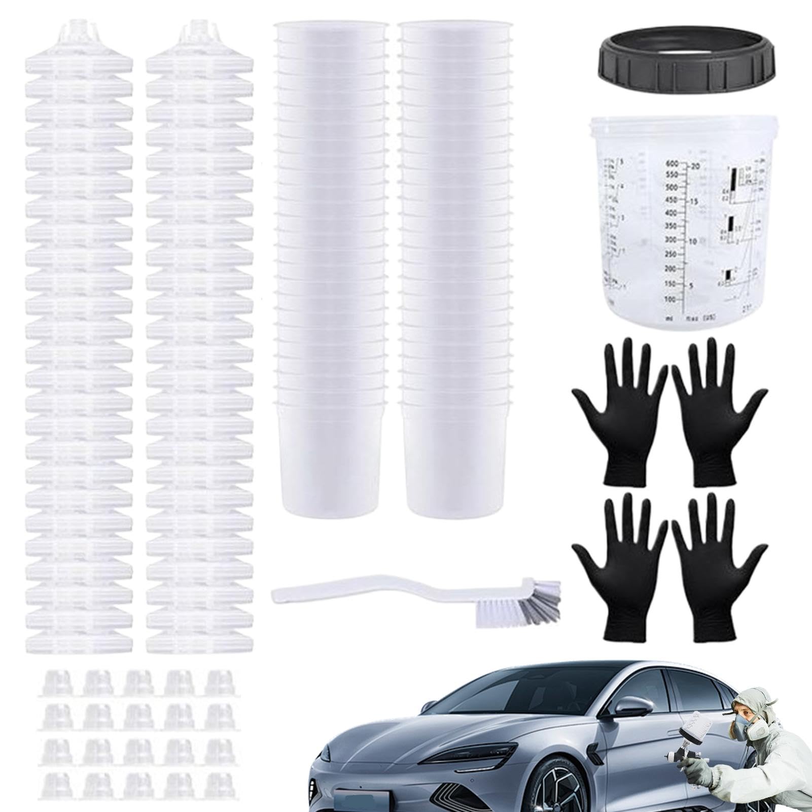 Mimoqk Autolack Mischbecher Autolack Mischbecher Farbsprühbeschichtungen und Deckelsystem - inklusive 50 Becherauskleidungen, 50 Deckel, 1 von Mimoqk