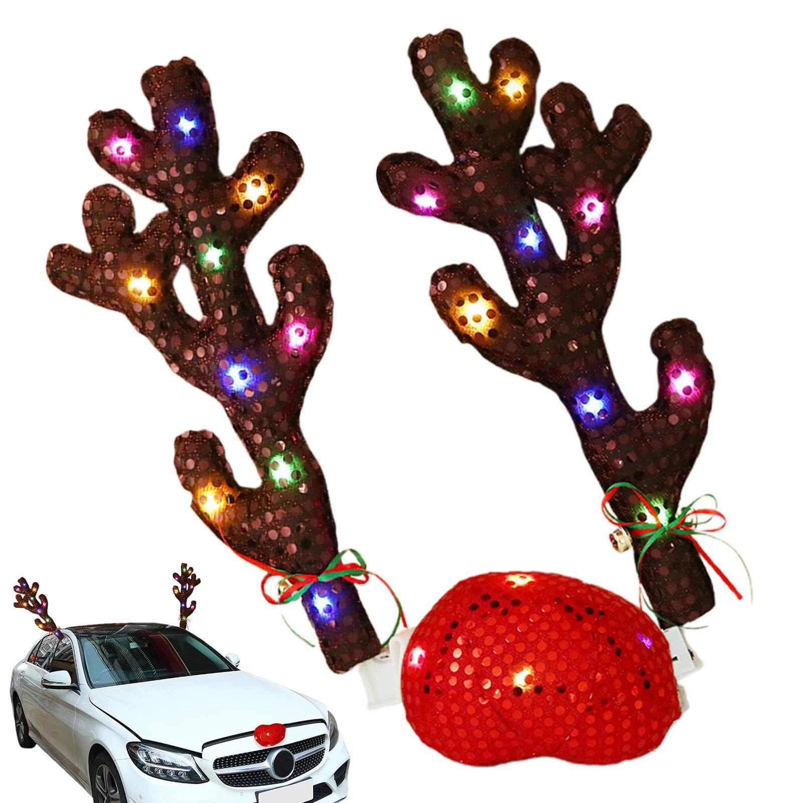 Reindeer Car Kit, Lighted Car Reindeer Antler Kit, Festive Christmas Decorative Accessories with Antlers and Nose, Perfect for Holiday Car Decoration, Easy-to-Install Christmas Car Accessories von Mimoqk