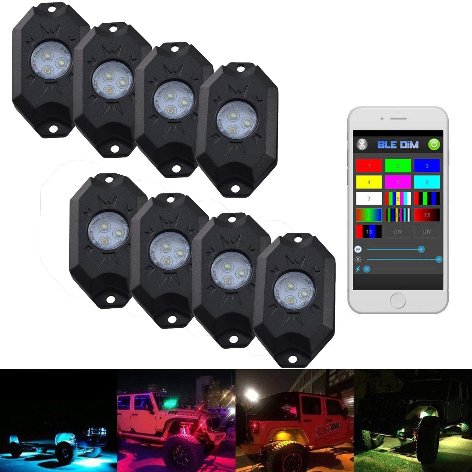 RGB LED Rock Lights App-gesteuerter Timing-Musikmodus für Android/IOS (8 Pods) von Miners2000