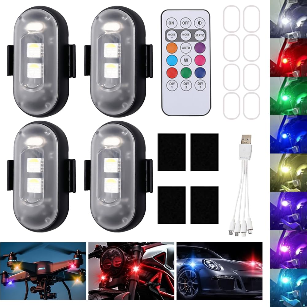 Mineup 4 Stück Strobe Drone Light, Fernbedienung Blitzlicht mit Fernbedienung, 8 Farbiges USB-Aufladung Antikollisionslichter, Kabellose Led Lichter, LED Flugzeug Blitzlicht für Drohne LKW Motorrad von Mineup