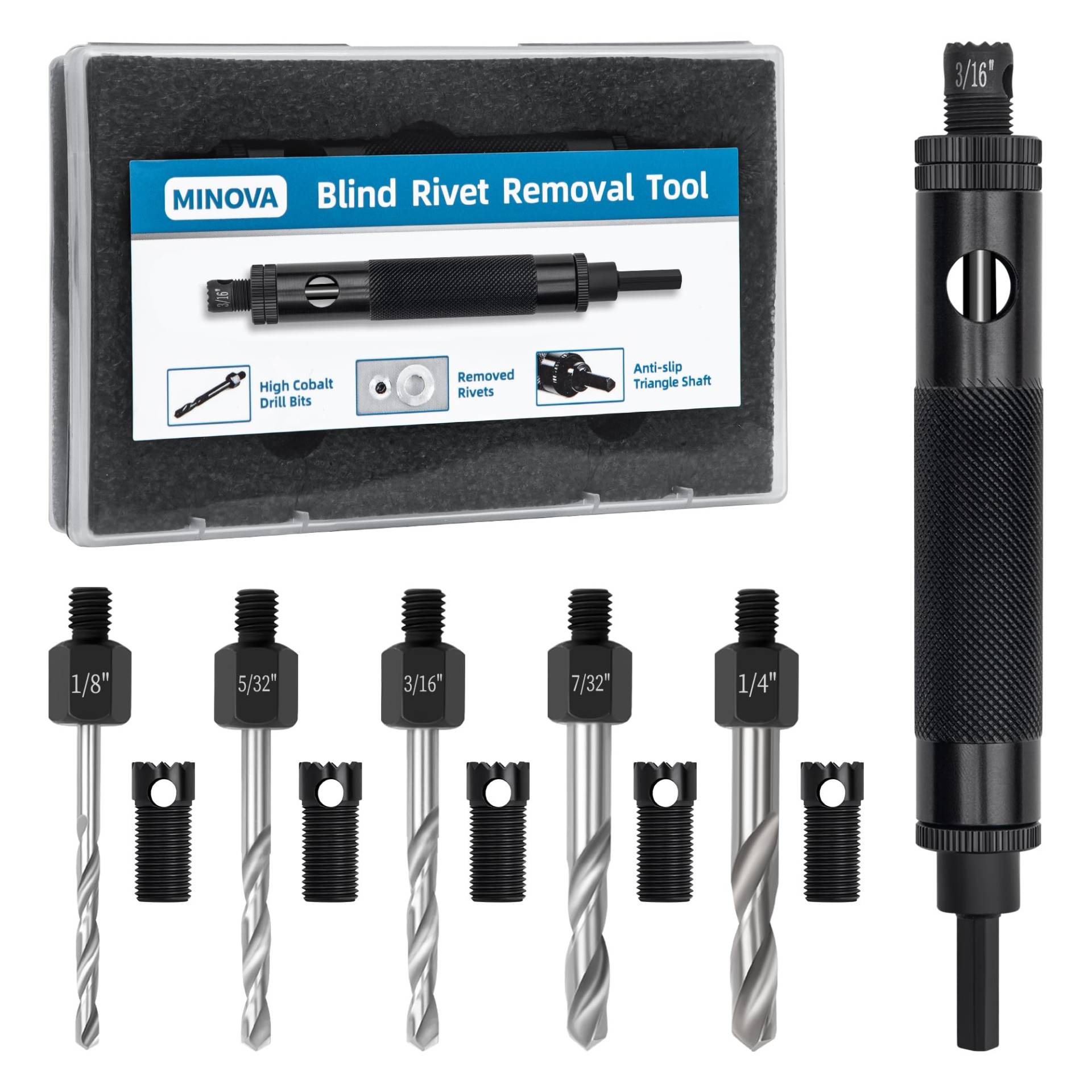 Minova Nietentfernungswerkzeug, Hochkobalt-Nietenentfernungsbohrer, geeignet für dauerhafte und hochfrequente Verwendung mit Standard- und Edelstahlnieten von 1/8 Zoll, 5/32 Zoll, 3/16 Zoll, 7/32 Zoll Minova Nietentfernungswerkzeug, Hochkobalt-Nietenentfernungsbohrer, geeignet für dauerhafte und hochfrequente Verwendung mit Standard- und Edelstahlnieten von 1/8 Zoll, 5/32 Zoll, 3/16 Zoll, 7/32 Zoll von Minova