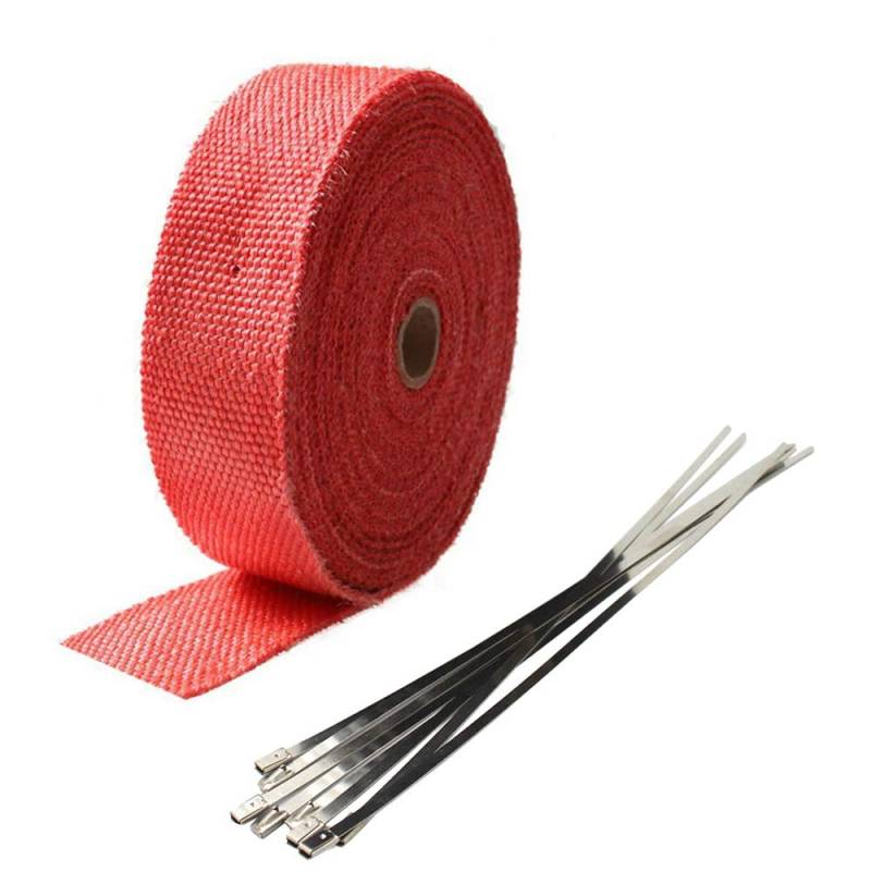 Mintice 5CM X 10M Fiberglas Rot Hitzeschutzband Auspuffband Auspuff Hitze Wickel Schild Hülle Auto Motorrad Krümmerband mit 6 Pcs Kabelbinder von Mintice