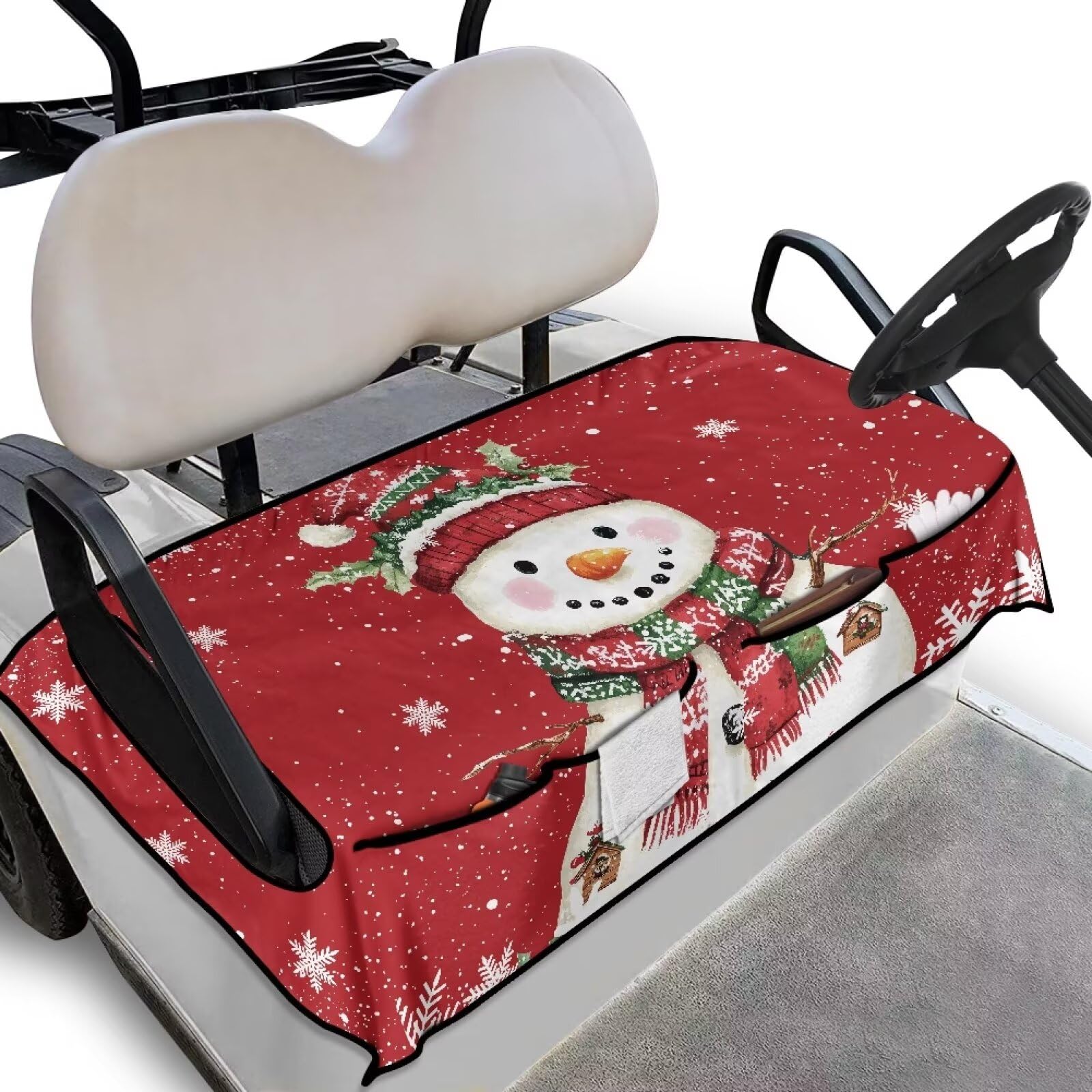 Mintulipy Weihnachts-Golfwagen-Zubehör, Golfwagen-Sitzbezug, Schneemann, Schneeflocken, Decke, Handtuch, Golf-Sitzbezug mit 4 Taschen, passend für Golfwagen, Clubs, Autos, 2-Sitzer von Mintulipy