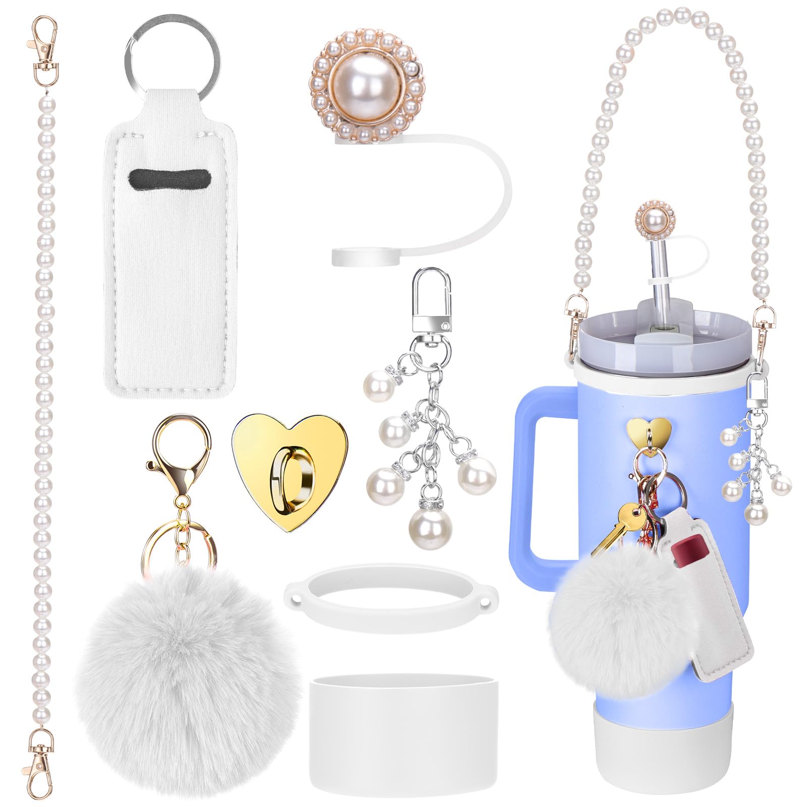 Mity rain Stanley Becherzubehör für Stanley-Becher, 850 ml, 1134 ml, inklusive Wasserflaschengriff, Chapstick-Halter, Stiefel, Charms, Strohaufsatz-Abdeckkappe für Stanley (Perlmutt) von Mity rain