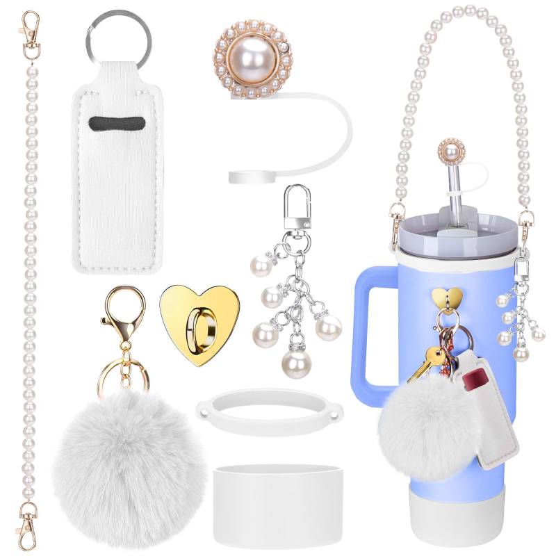 Mity rain Stanley Becherzubehör für Stanley-Becher, 850 ml, 1134 ml, inklusive Wasserflaschengriff, Chapstick-Halter, Stiefel, Charms, Strohaufsatz-Abdeckkappe für Stanley (Perlmutt) von Mity rain