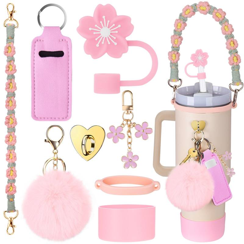 Mity rain Stanley Becherzubehör für Stanley-Becher, 850 ml, 1134 ml, inklusive Wasserflaschengriff, Chapstick-Halter, Stiefel, Charms, Strohaufsatz-Abdeckkappe für Stanley (Rosa/Grün), 8 Stück von Mity rain