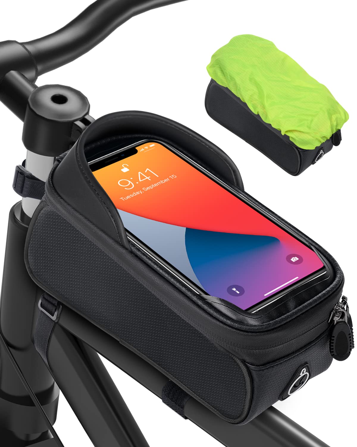 MixcMax Fahrradtasche, Fahrradrahmen, Handyhalterung, Rahmentasche, Lenkertasche, Handyhalterung, Obere Tasche mit Helmloch für Smartphone unter 6,8 Zoll (Schwarz) von MixcMax