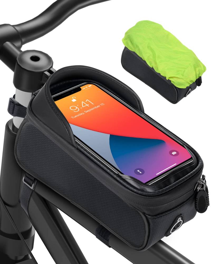 MixcMax Fahrrad Rahmentasche Wasserdicht Handyhalterung für Smartphones bis zu 6.8 Zoll Oberrohrtasche Handytasche mit Sensitivem Touchscreen für Montainbikes, Rennrad, Ebikes (Schwarz) von MixcMax