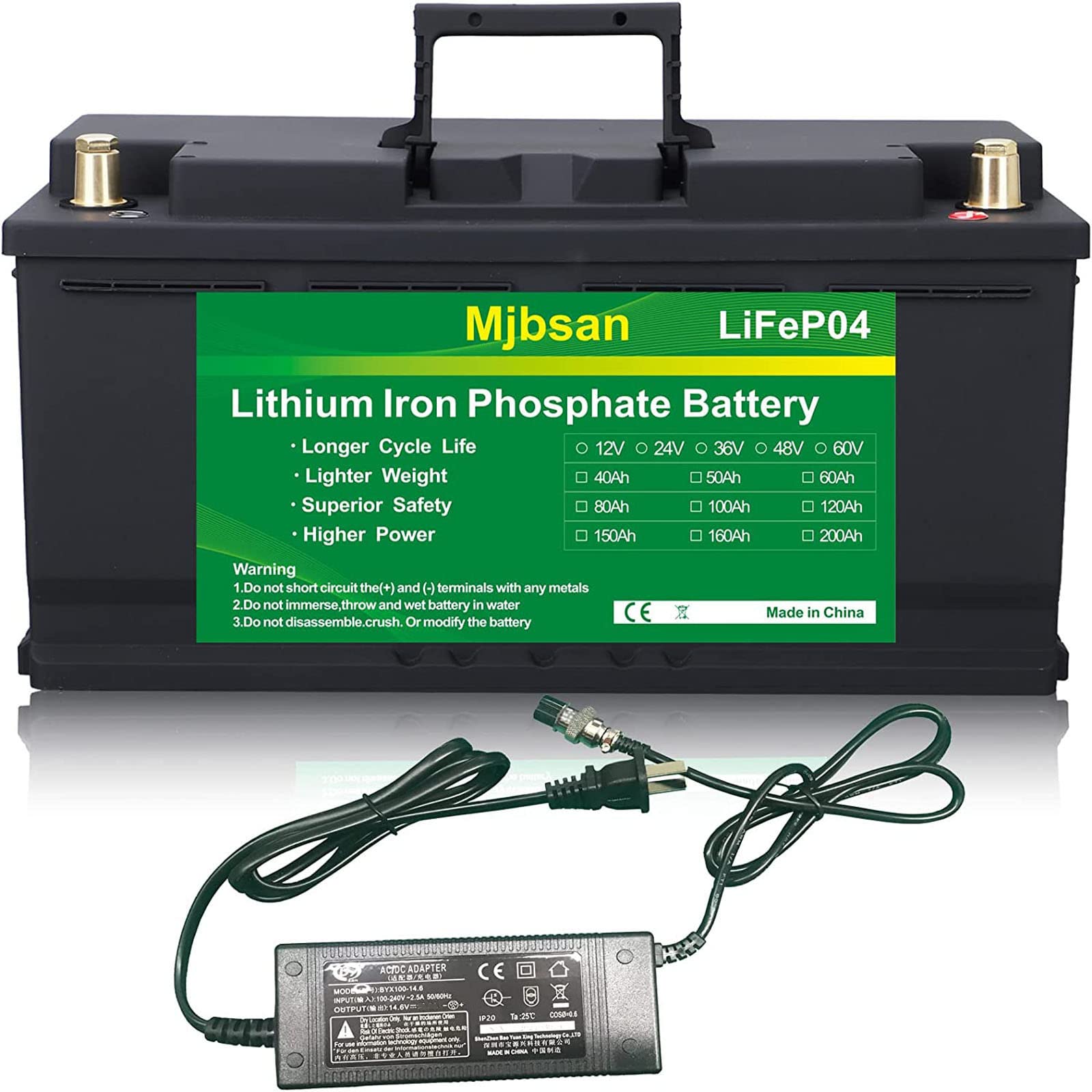 Mjbsan 12V 100Ah 1280Wh/LiFePO4 Tiefzyklus-Lithium-Batterie, eingebautes BMS, über 7000+ Zykluslebensdauer, perfekt für Wohnmobil, Solar, Überland, Van, Off-Grid-Anwendungen. Stützreihen und parallel von Mjbsan