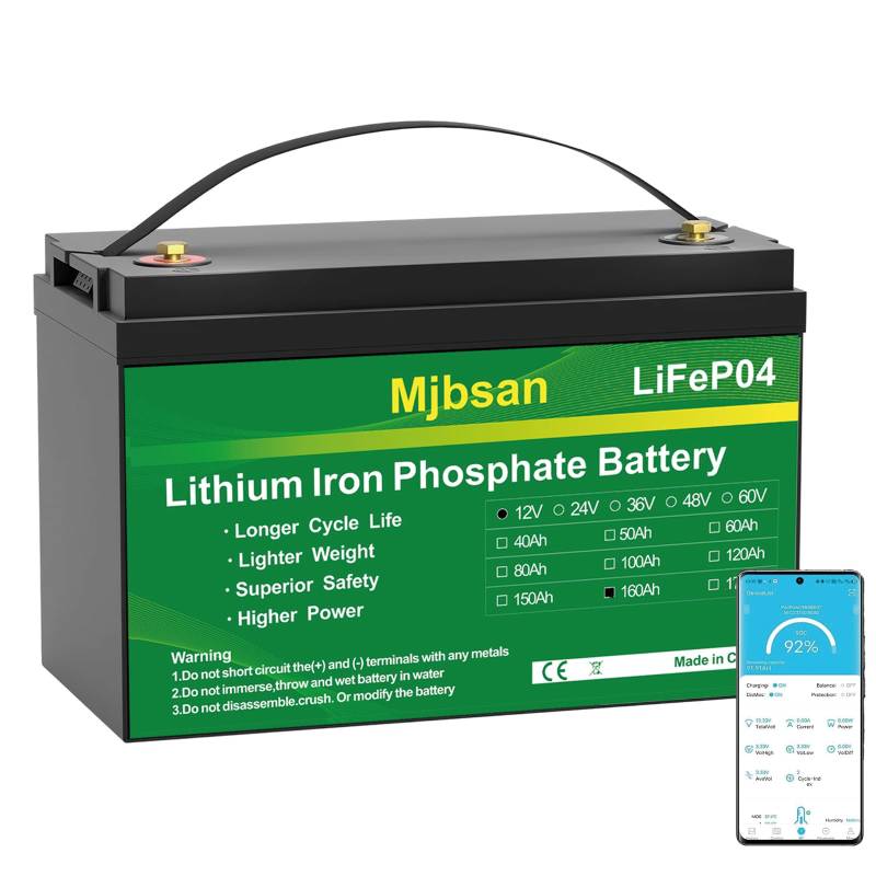 Mjbsan 12V 160Ah Deep Cycle LiFePO4 Batterie mit 150A BMS, 4000-15000 Zyklen,Max.2048Wh Energie mit Low Temp Cut Off, perfekter Ersatz für Blei-Säure Batterien für Wohnwagen, Camping, Solar, Boote von Mjbsan