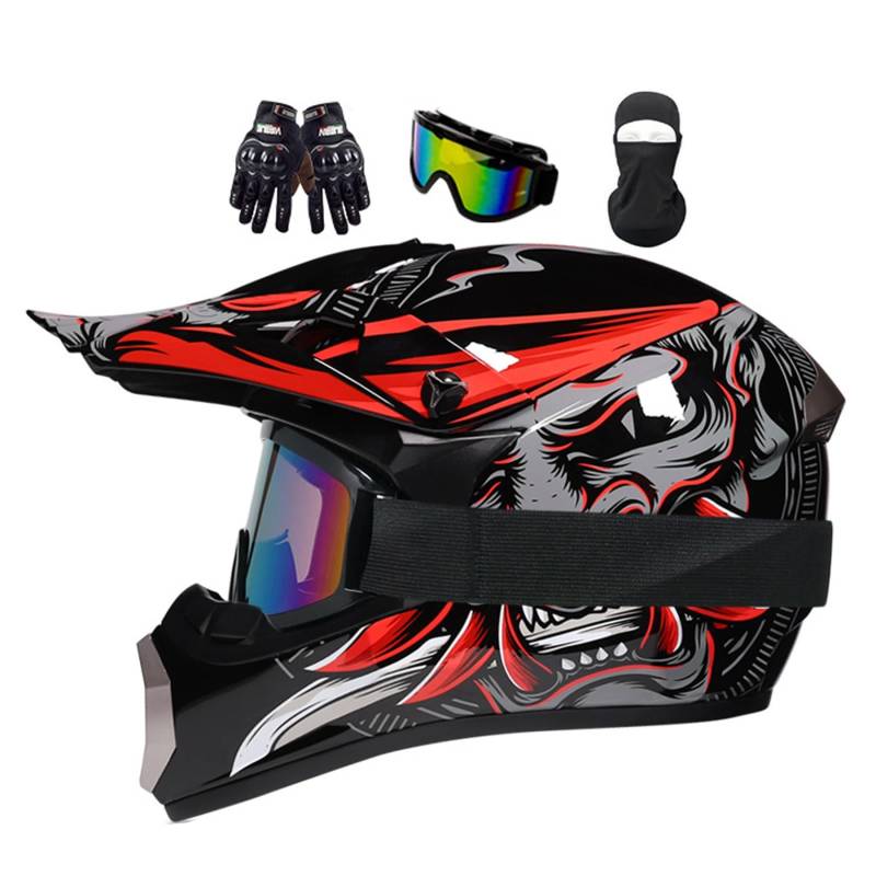 Motocross Helm Kinder, Jugend Motorradhelme, Motorradhelm Downhill Fullface Helm, Moto Cross Helm Herren, Mit Brille Handschuhe, Integralhelm Crosshelm Helm Motorrad MTB Enduro Quad Helm(L(56-57CM)) von MoHelmHui