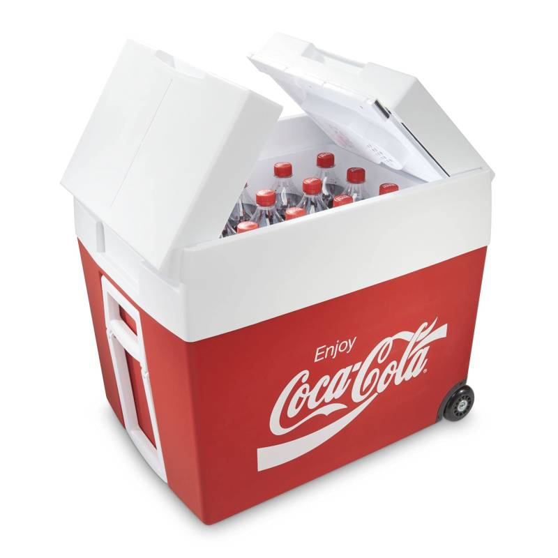 Mobicool Coca-Cola MT48W Kühlbox mit Rollen passend für eine komplette Getränkekiste/Bierkiste, Thermo-elektrisch, 48 Liter, 12 V und 230 V für Auto, LKW, Boot, Wohnmobil und Steckdose von Mobicool