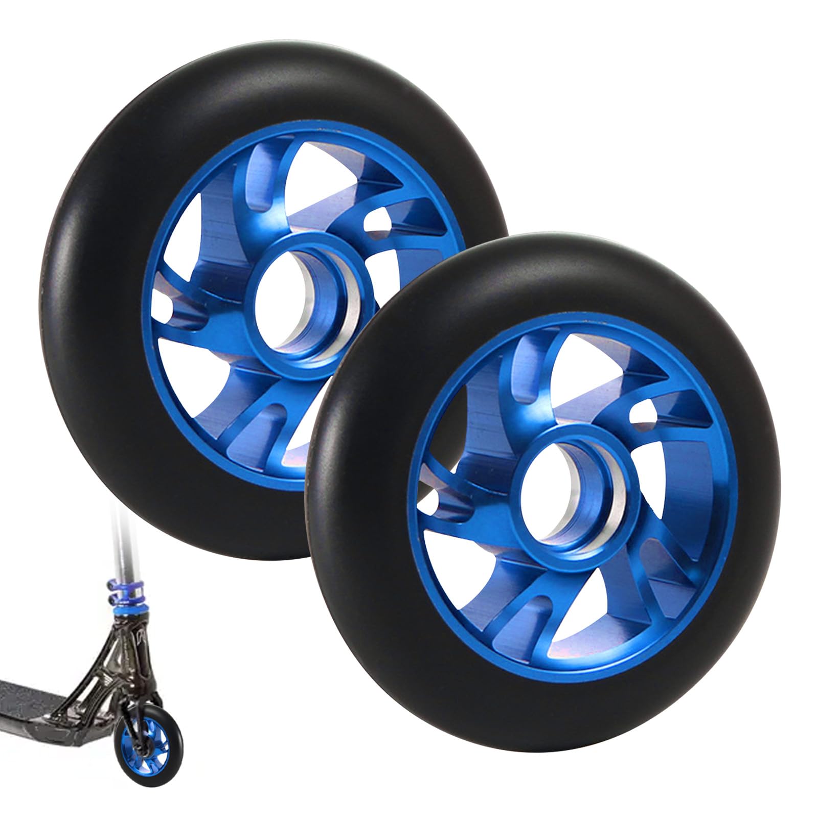 2 Stück Scooter Ersatzräder, Rutschfest 100mm Stunt Scooter Ersatzräder Dämpfung Vollreifen Scooter Rollen Räder für Meisten Stuntscooter und Kickscooter (Blau) von Mocoli