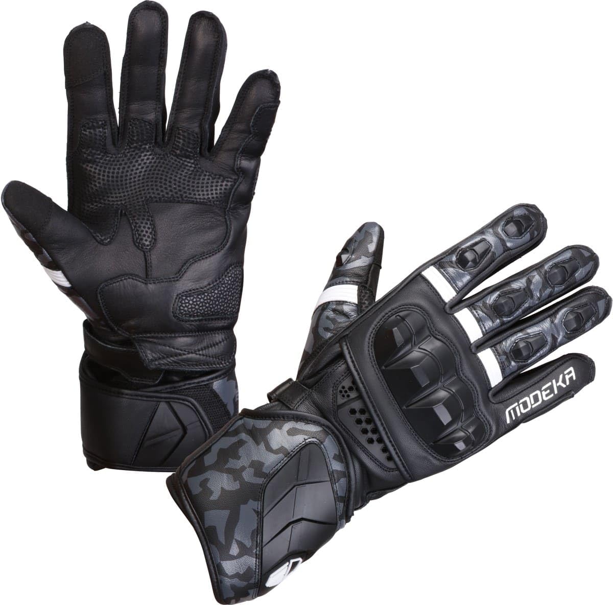 Modeka Valyant Pro Motorradhandschuhe schwarz weiß CE lange Stulpe Leder Touch-Tip AirFlow-System, 10 / XL von Modeka