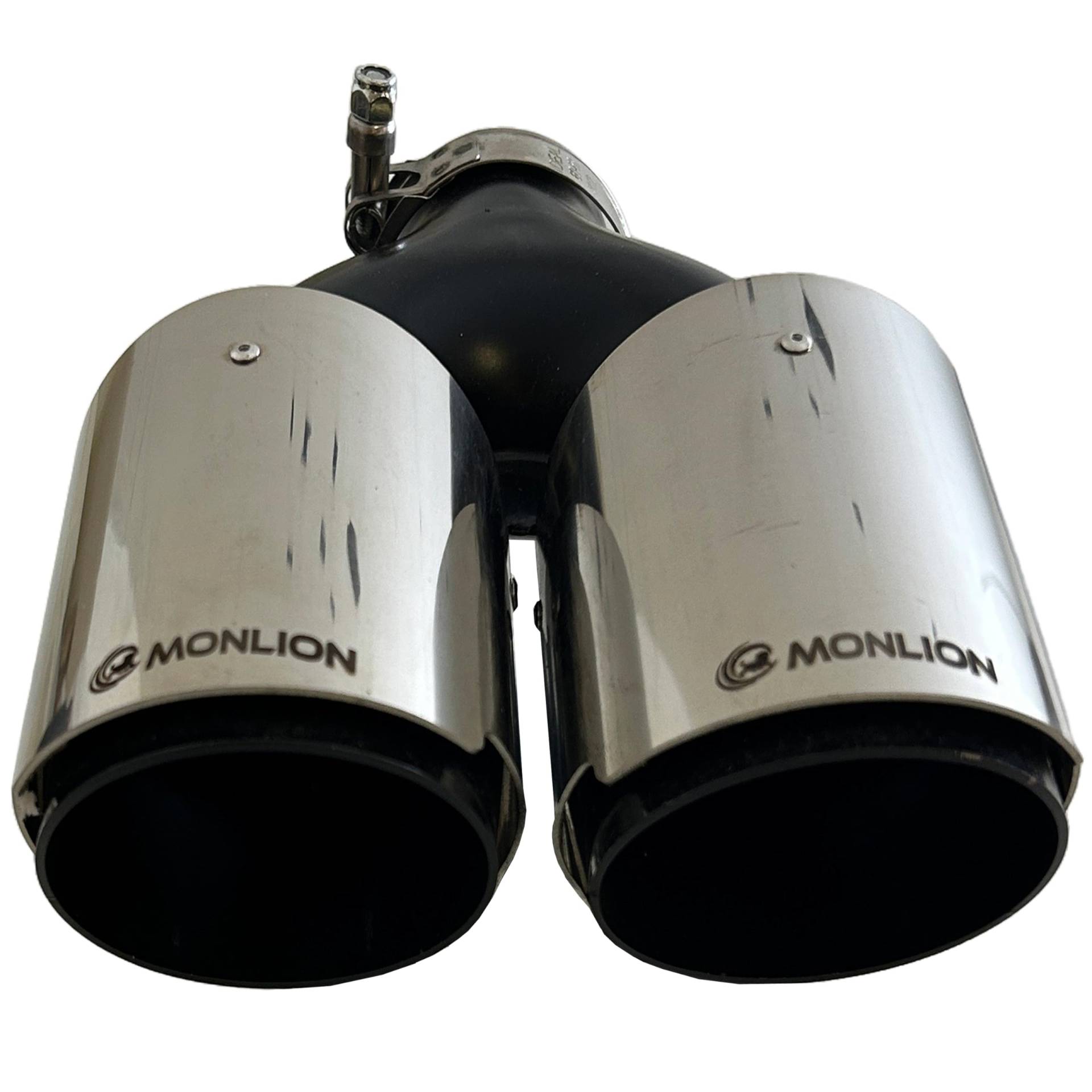 Monlion Dual Auspuffspitzen mit Klemme 63mm Einlass bis 101mm Auslass Auspuff Schalldämpfer Fit für M3, M4, M5 usw., 304 Edelstahl und verchromte Oberfläche Schwarz innen, Auto Auspuffrohr von Monlıon