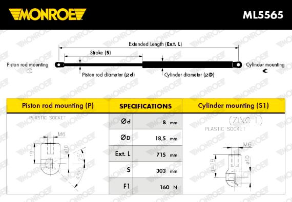 Gasfeder, Motorhaube vorne Monroe ML5565 von Monroe