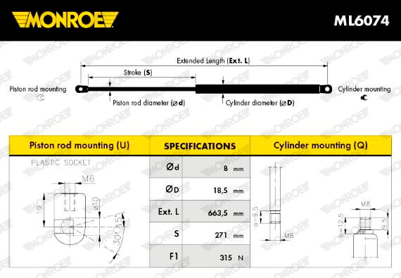 Gasfeder, Motorhaube vorne Monroe ML6074 von Monroe