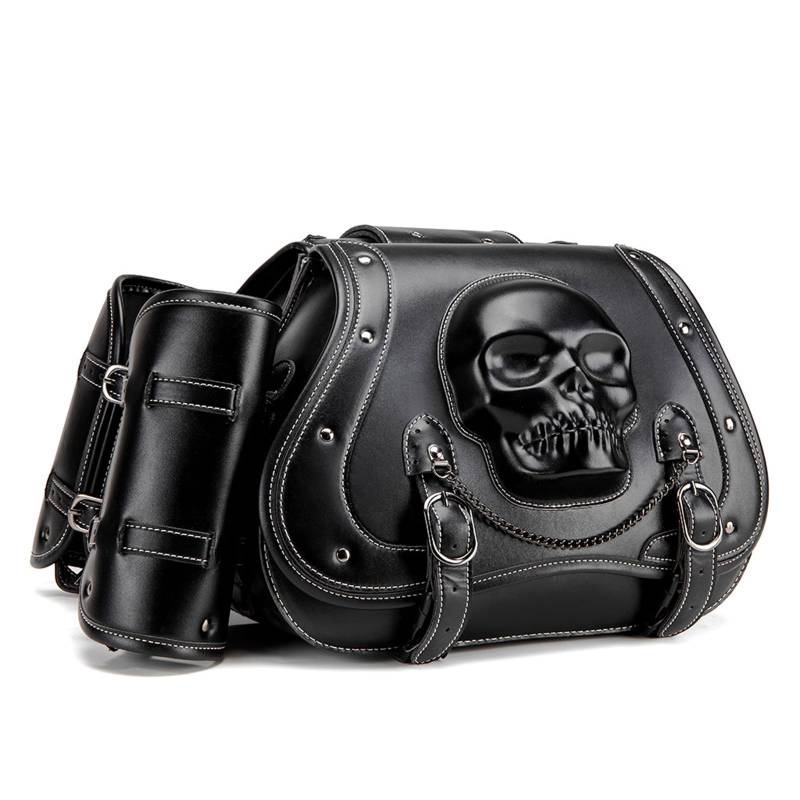 Montesy Große Kapazität PU Leder Motorrad Satteltaschen Wasserdichte Seitentaschen Stilvolle Totenkopf-Designs Werkzeug-Aufbewahrungstasche für Fahrrad von Montesy