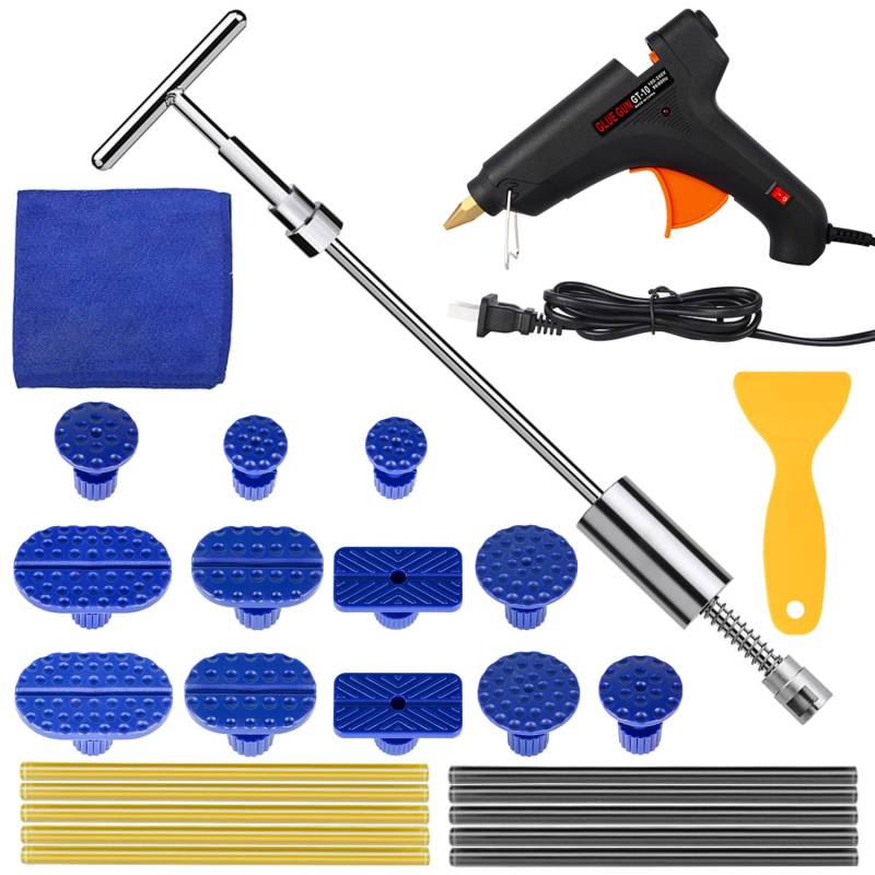 Mookis Dellen Reparaturset Auto 26PCS Ausbeulwerkzeug Set Dent Puller Lackfreies Beulen Reparaturset Auto mit Abnehmbarem Gleithammer, Klebestifte für Karosseriebeulen und Türbeulen von Mookis