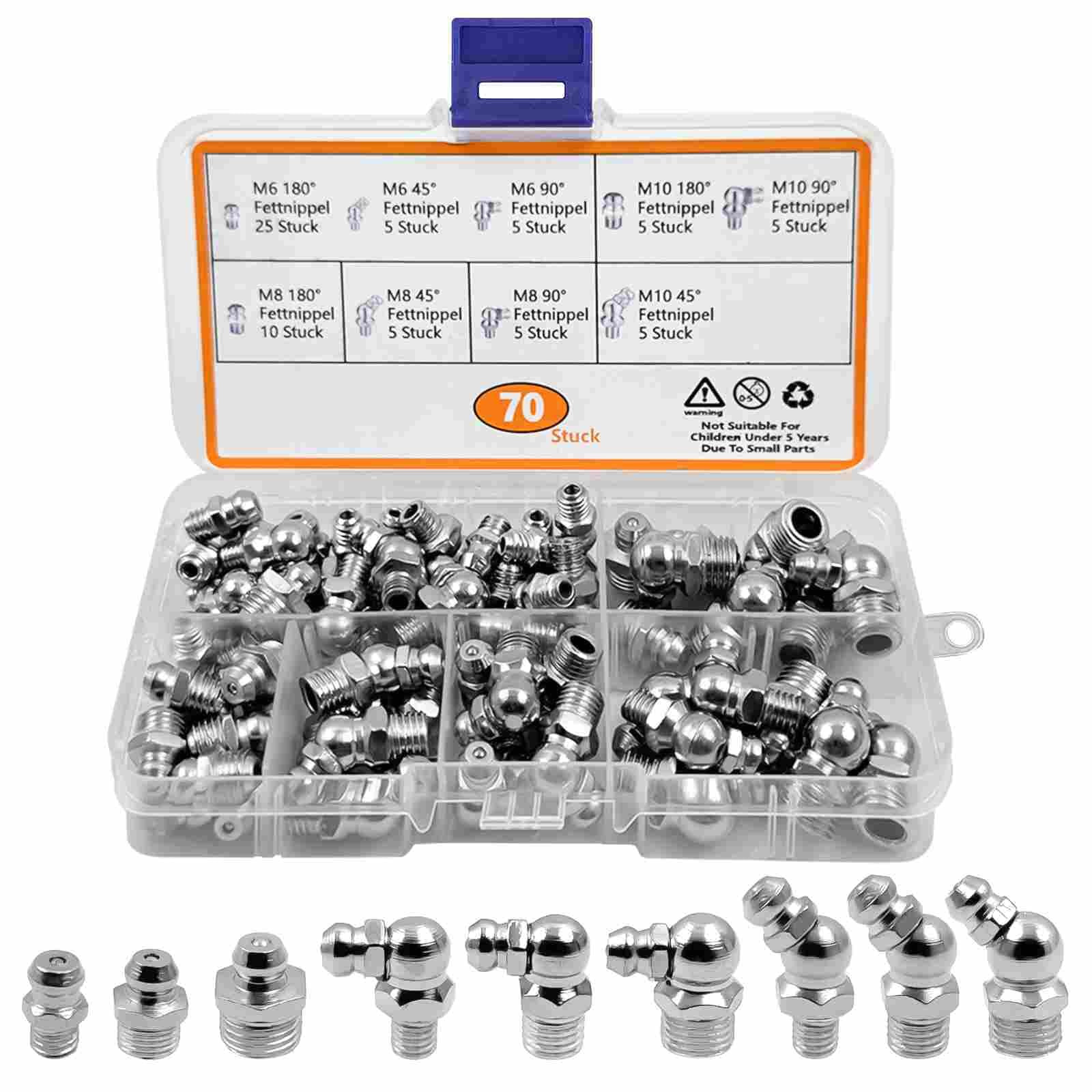 Mooshy 70 Stück Schmiernippel Sortiment, Schmiernippel M6 M8 M10 Gerade und Abgewinkelt 45° 90° 180° Kegelschmiernippel mit Aufbewahrungsbox Schmiernippel für Fettpresse Schmierpressen von Mooshy