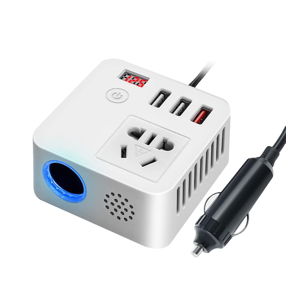 150W Auto Wechselrichter, MoreChioce DC 12V/24V auf AC 110V/220V Spannungswandler Stromwandler PD3.0 USB C Autoladegerät-Adapter 3 USB Ports Ladegerät Schnellladebuchse Wechselrichter,Weiß von MoreChioce