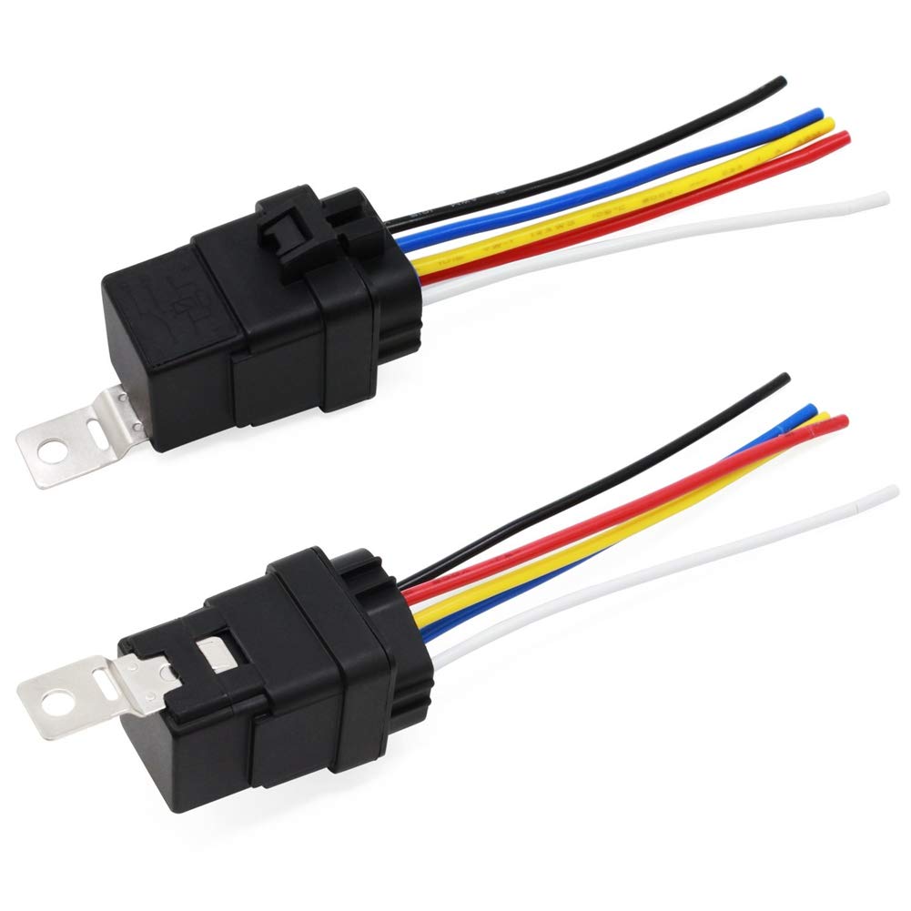 2 Stück 40A 12V 5 Pin-SPDT Wasserdichtes Relais Set,MoreChioce Relais Sockel Leistungsrelais Wechselrelais Umschaltrelais mit 16AWG 14AWG Kabel für Auto von MoreChioce