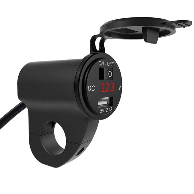 5V / 2,4A Motorrad USB Steckdosenadapter,MoreChioce Wasserdicht Lenker USB Ladegerät Netzteil mit Rot LED Digital Voltmeter Ein/Aus Netzschalter für Handy Tablet,Schwarz von MoreChioce