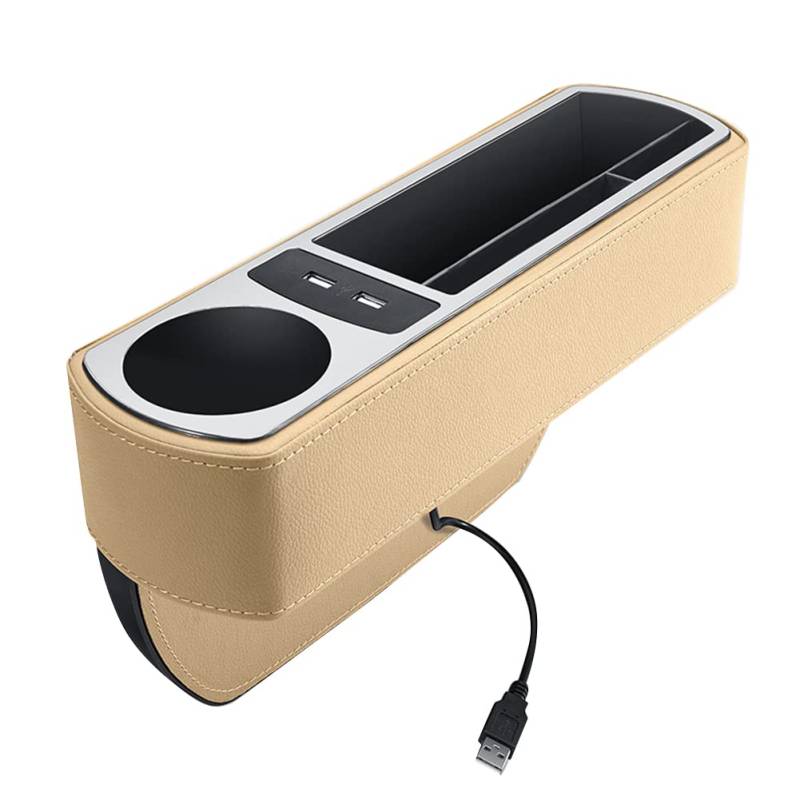 Auto Vordersitz Aufbewahrungsbox, MoreChioce Konsole Seitentasche Auto Organizer PU-Leder Autositz Lückenfüller Multifunktional Mittelkonsolen Taschen mit Getränkehalter,Beige USB-Ladestil von MoreChioce