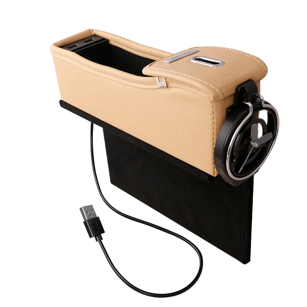 Autositz Gap Aufbewahrungsbox,MoreChioce 12V -24V Multifunktions PU Leder Sitzlückenfüller Aufbewahrungsbox Autositzlücken Organizer mit 2 USB Anschlüssen für Münz Handys,Beige Kopilot von MoreChioce