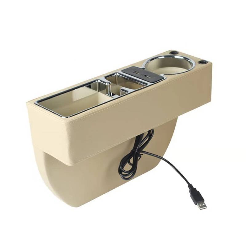 Autositz Lückenfüller, MoreChioce PU Leder Autositz Lücken Organizer Multifunktionale Vordersitz Autokonsolen Seiten Organizer Autositz Aufbewahrungsbox Getränkehalter,Beige USB-Stil von MoreChioce