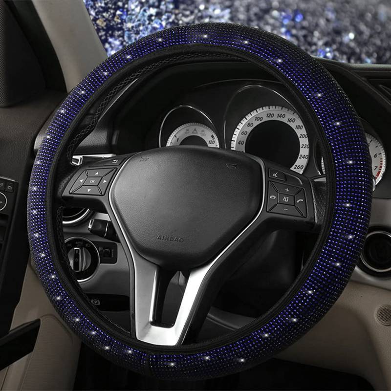 Bling Strass Lenkradbezug,MoreChioce Glitzer Kristall Auto Lenkradhülle Universal Lenkrad Abdeckung Anti-Rutsch Lenkradschutz Lenkradschoner für 15 Zoll / 38cm Lenkrad,Schwarz+Blau von MoreChioce