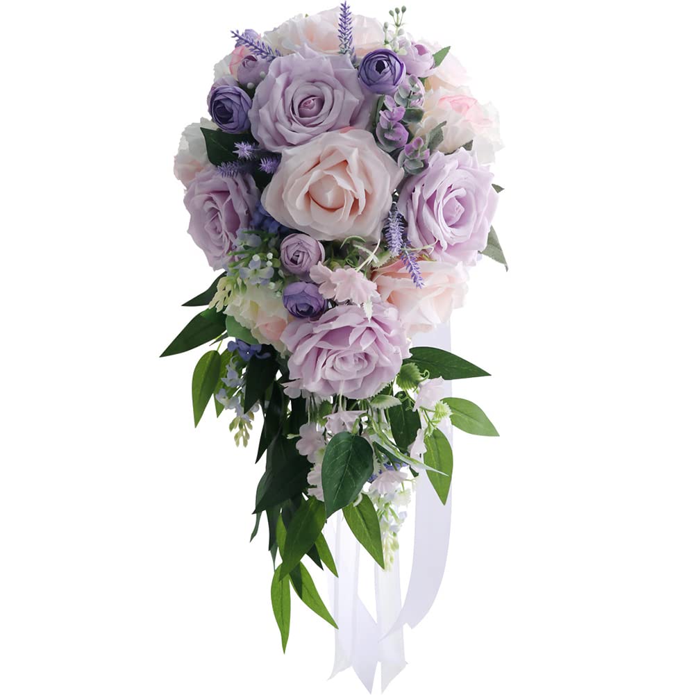 Brautstrauss Hochzeit Blumenstrauß,MoreChioce Hochzeit Blumensträuße mit Lange Künstlicher Spitze Hochzeit Brautstrauß Wasserfall Brautstrauß künstliche Blumen mit Schleife,#5 von MoreChioce