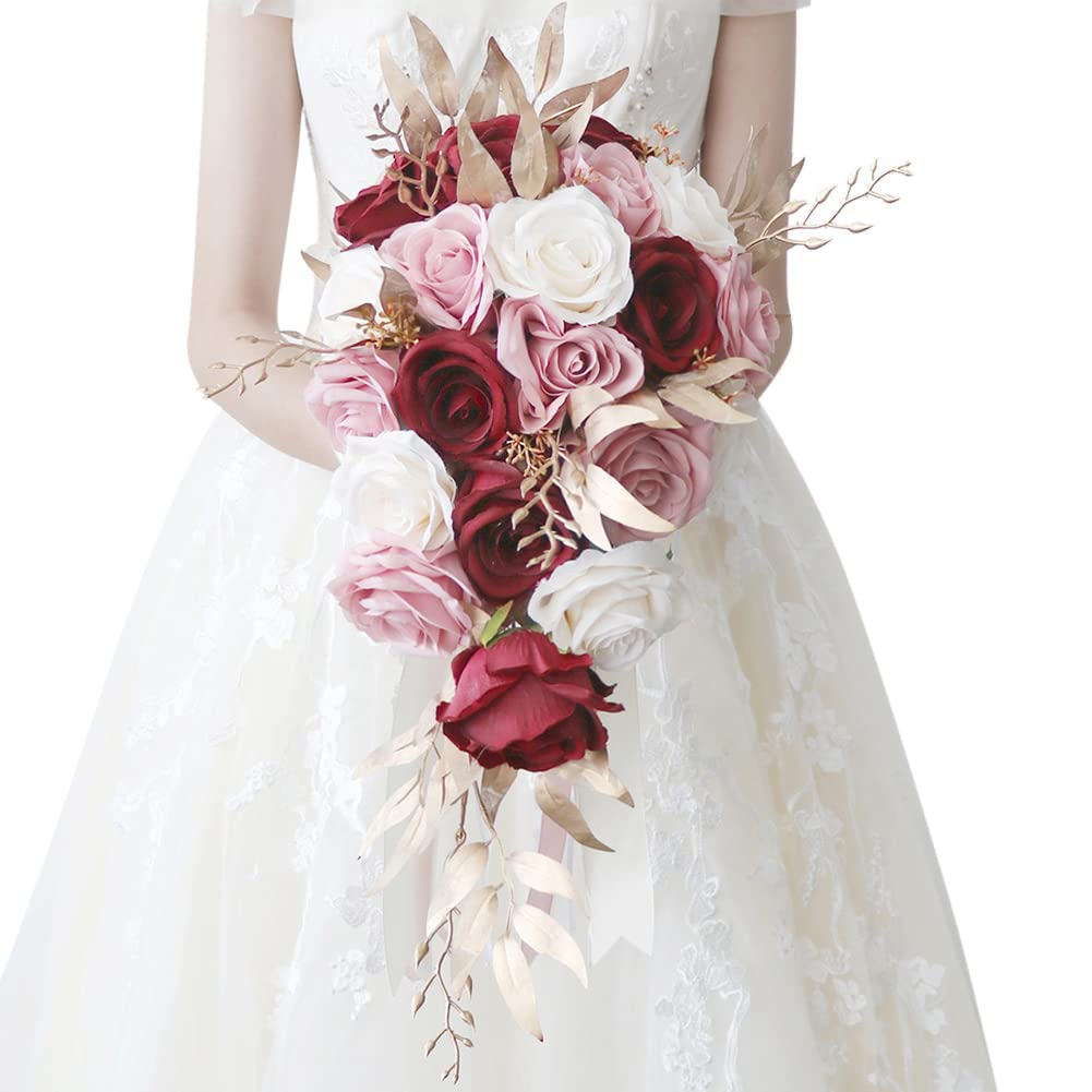 Brautstrauss Hochzeit Blumenstrauß,MoreChioce Hochzeit Blumensträuße mit Lange Künstlicher Spitze Hochzeit Brautstrauß Wasserfall Brautstrauß künstliche Blumen mit Schleife,#8 von MoreChioce