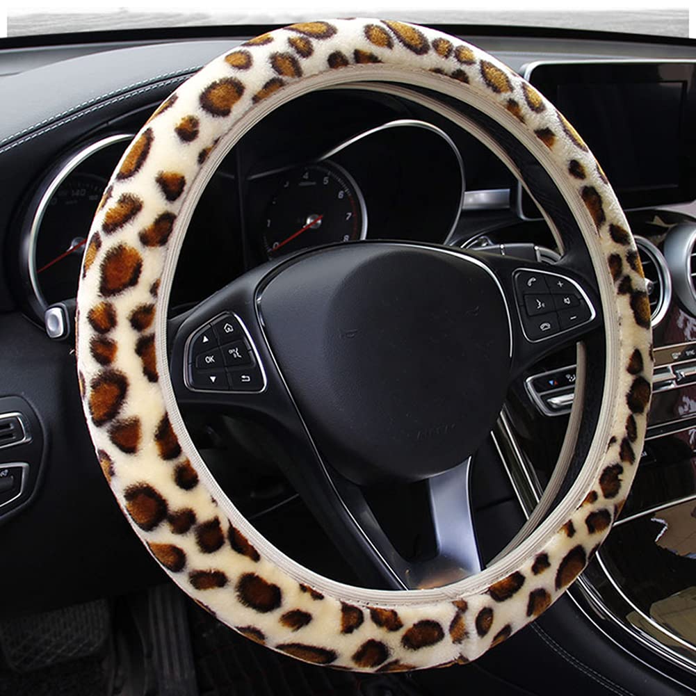 Leopard Lenkradbezug,MoreChioce Universal Auto Plüsch Lenkradhülle Winter Lenkradschoner Warm Rutschfeste Lenkradbezug Teleskop Lenkradabdeckung Bequem Lenkradschutz für 14-15,5 Zoll Lenkrad,Leopard von MoreChioce