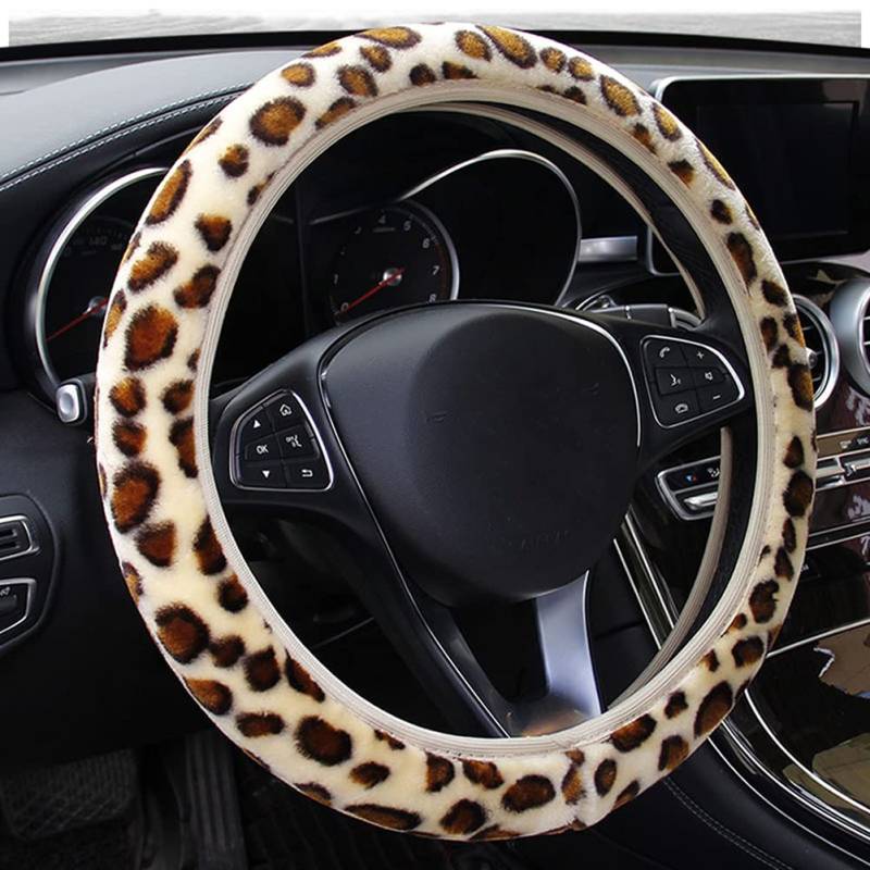 Leopard Lenkradbezug,MoreChioce Universal Auto Plüsch Lenkradhülle Winter Lenkradschoner Warm Rutschfeste Lenkradbezug Teleskop Lenkradabdeckung Bequem Lenkradschutz für 14-15,5 Zoll Lenkrad,Leopard von MoreChioce