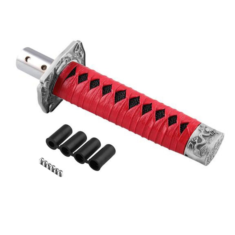 MoreChioce Samurai-Schwert-Schaltknauf, Universal Auto Schalthebel Manueller Schalthebelknauf Automatisch Schaltknauf Getriebekopf Abdeckung mit 4 Adaptern 8mm 9,5mm 10mm und 12mm,Rot + Schwarz von MoreChioce