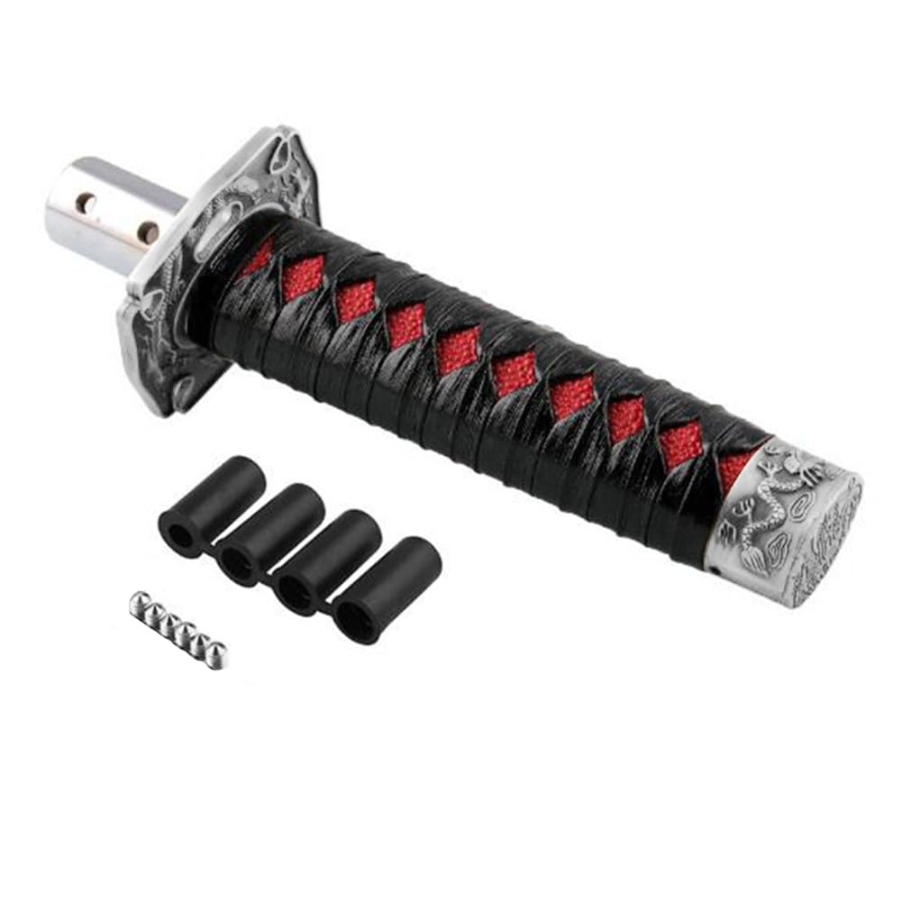 Samurai-Schwert-Schaltknauf,MoreChioce Universal Auto Schalthebel Manueller Schalthebelknauf Automatisch Schaltknauf Getriebekopf Abdeckung mit 4 Adaptern 8mm 9,5mm 10mm und 12mm,Schwarz + Rot von MoreChioce