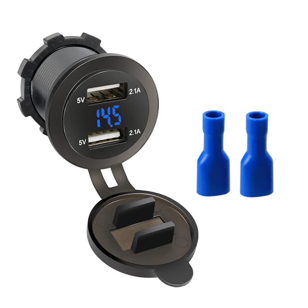 Motorrad USB Ladegerät Steckdose,MoreChioce 5V Spannungsanzeige 2.1A Dual-USB Ladegerät Buchse 12V / 24V Steckdosenadapter Wasserdicht LED Voltmeter für Marines Boote Motorräder LKW,Blau von MoreChioce