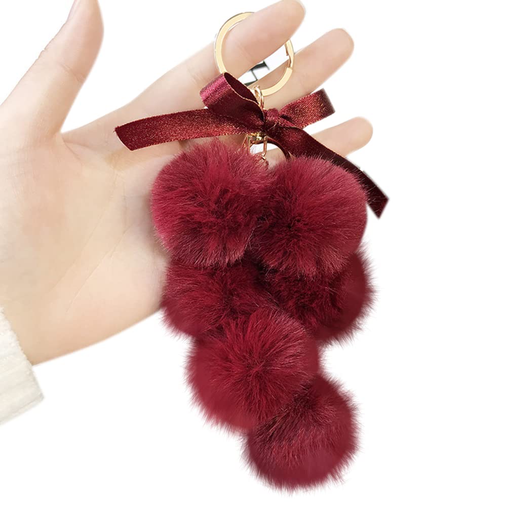 Plüsch Schlüsselanhänger, MoreChioce Kreativ Pom Pom Schlüsselbund Süß Schlüsselring Auto Schlüsselhalter Kunstpelzball Autoschlüssel Organizer Handtasche Charms,Rot von MoreChioce