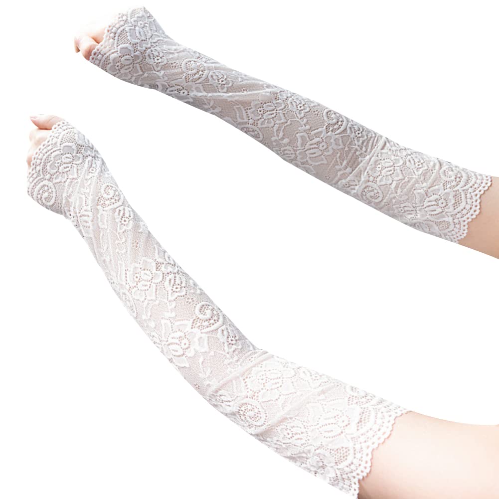 Spitze Fingerlose Handschuhe,MoreChioce 1 Paar Damen Spitze Elegant Handstulpen Sommer UV-Schutz Armstulpen Blumenmuster Spitzenhandschuhe Elastisch Lace Fahrhandschuhe Party Abendhandschuhe,Weiß von MoreChioce