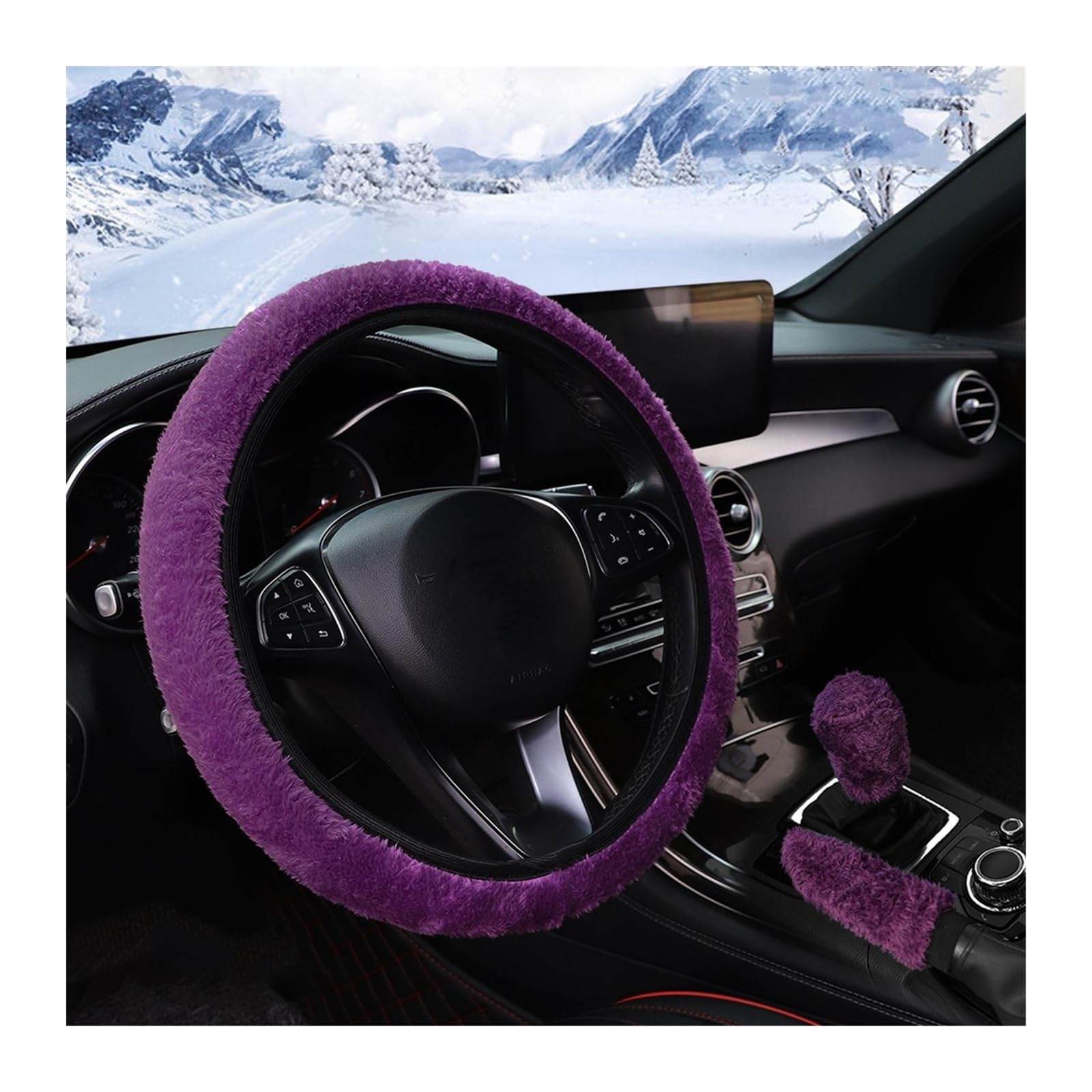 Lenkradbezug 3-teilige Winter-Kurz-Plüsch-Handwarm-Frostschutz-Auto-Lenkradabdeckung, Handbremsabdeckung, Griffabdeckung, Auto-Innenzubehör Lenkrad Abdeckung(Purple) von Mosklo