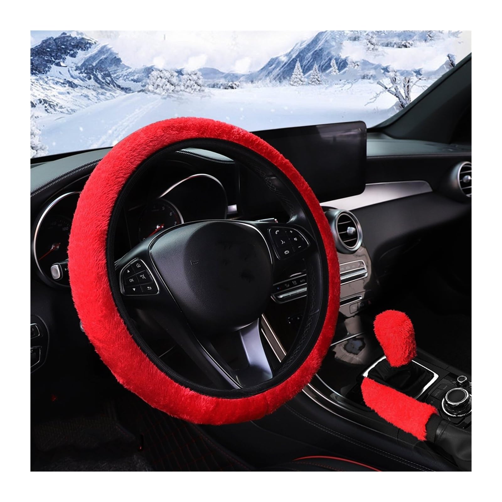 Lenkradbezug 3-teilige Winter-Kurz-Plüsch-Handwarm-Frostschutz-Auto-Lenkradabdeckung, Handbremsabdeckung, Griffabdeckung, Auto-Innenzubehör Lenkrad Abdeckung(Red) von Mosklo