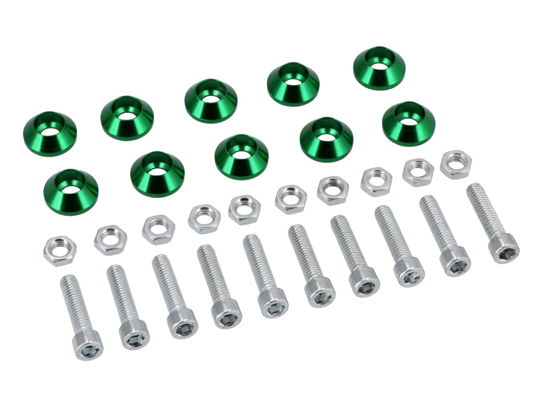 Set: 10x CNC-Senkscheibe konisch M6, Aluminium, 6,5x18x7mm, Grün eloxiert, inkl. Zylinderschrauben und Muttern M6 von Moto Basic Parts